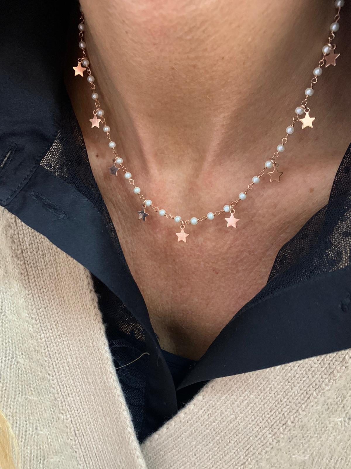 Collana perle con stelle rosè pendenti - cm 40