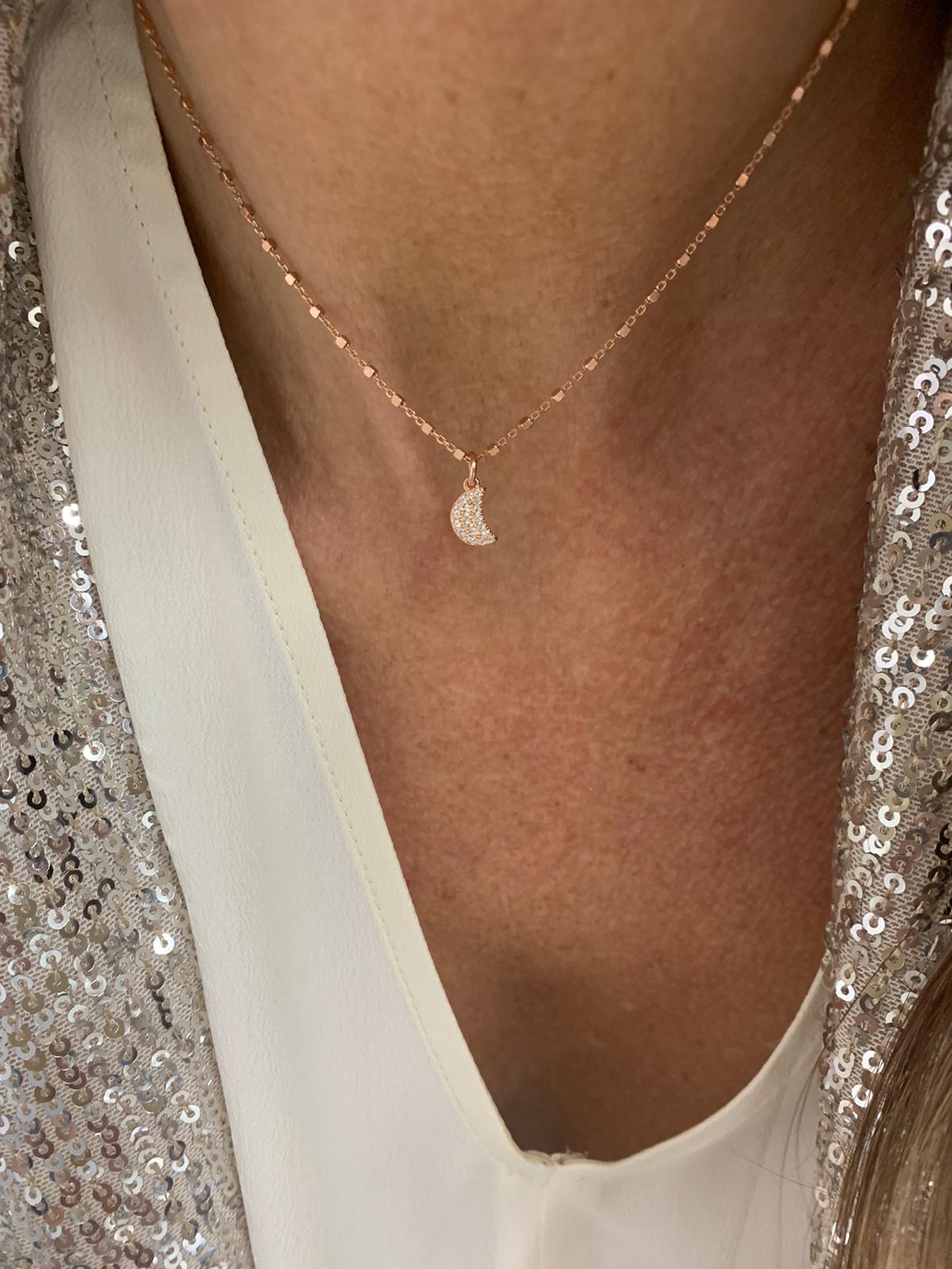 Collana choker catena dadini diamantati cm35 rosé con mezzaluna zirconi bianchi
