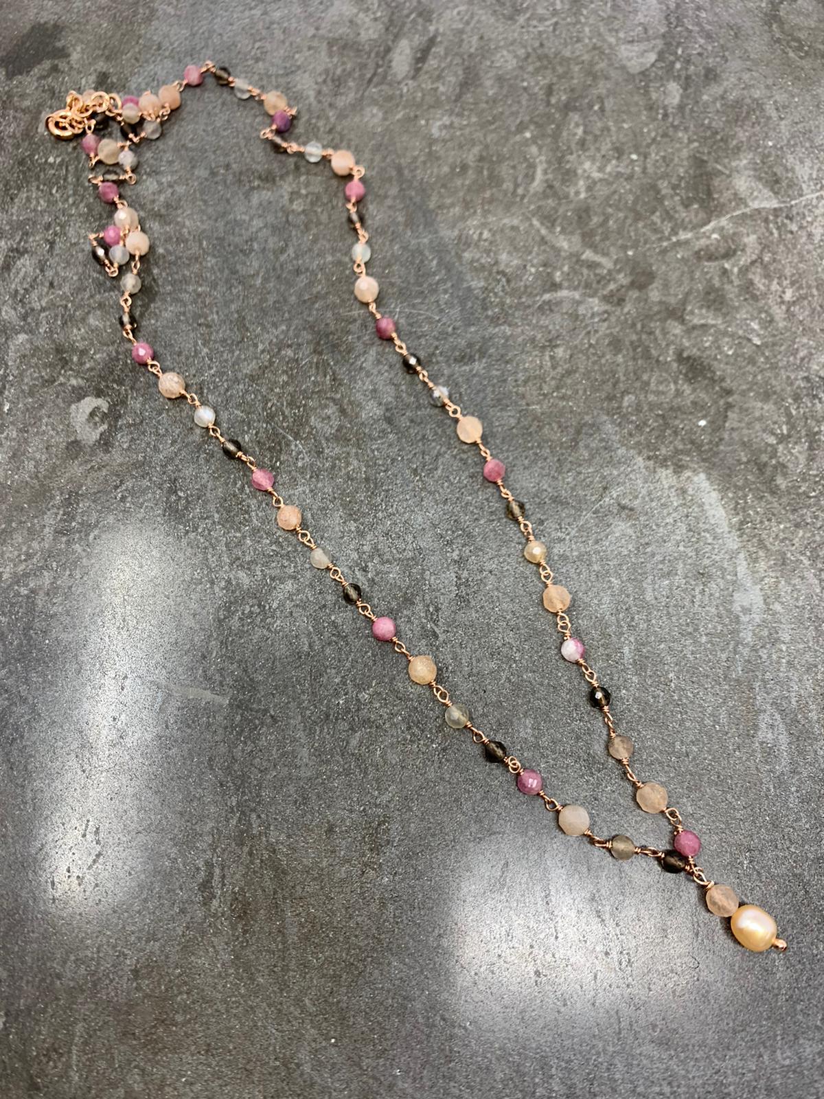 Collana pietre tormalina base rosé cm50 con perla micro barocca rosa