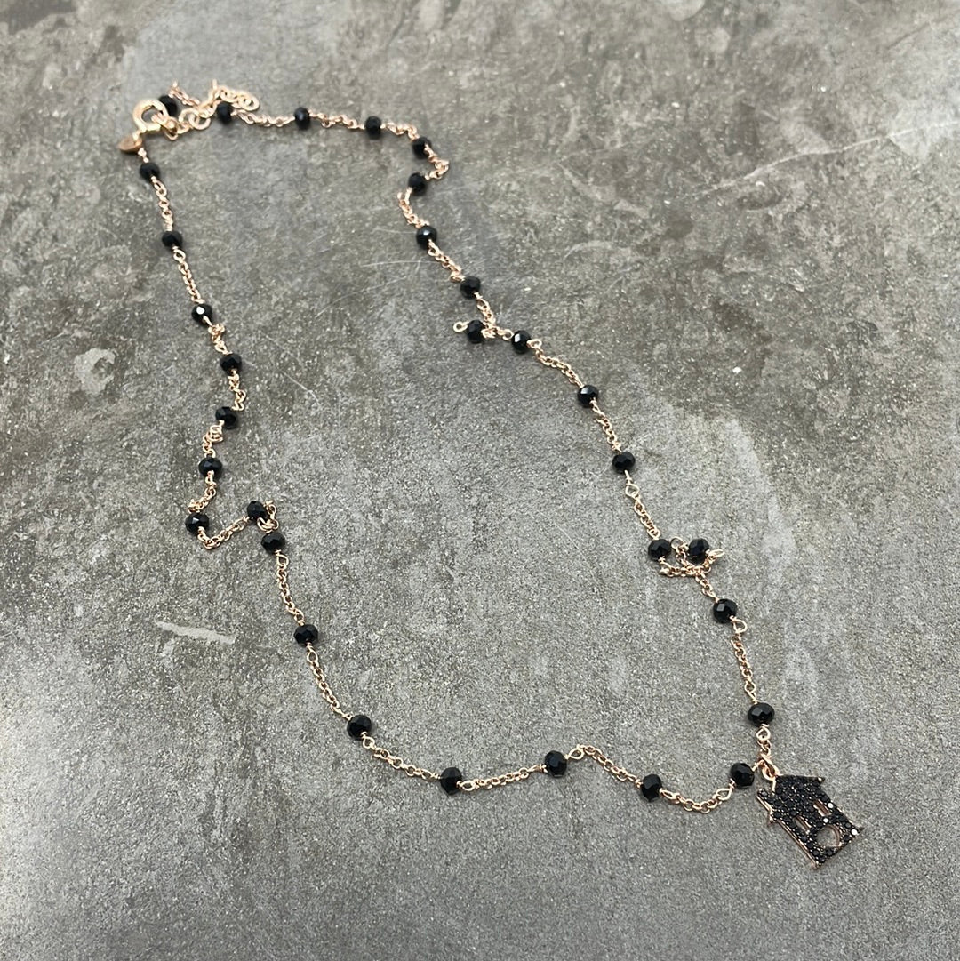 Collana catena rollò alternata cristalli neri con casetta zirconi neri - cm 50
