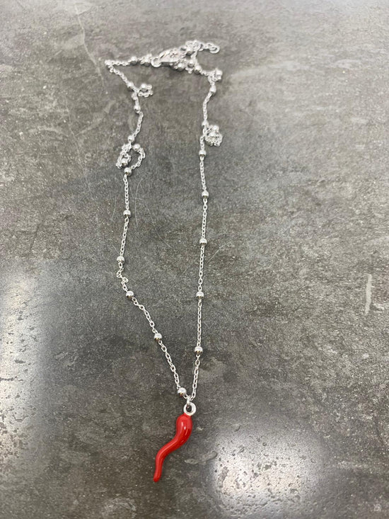 Collana rosario argento con cornetto rosso cm 50