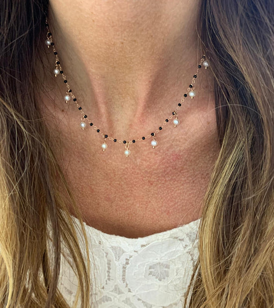 Collana micro cristalli neri con perle pendenti - Lumiere Bijoux