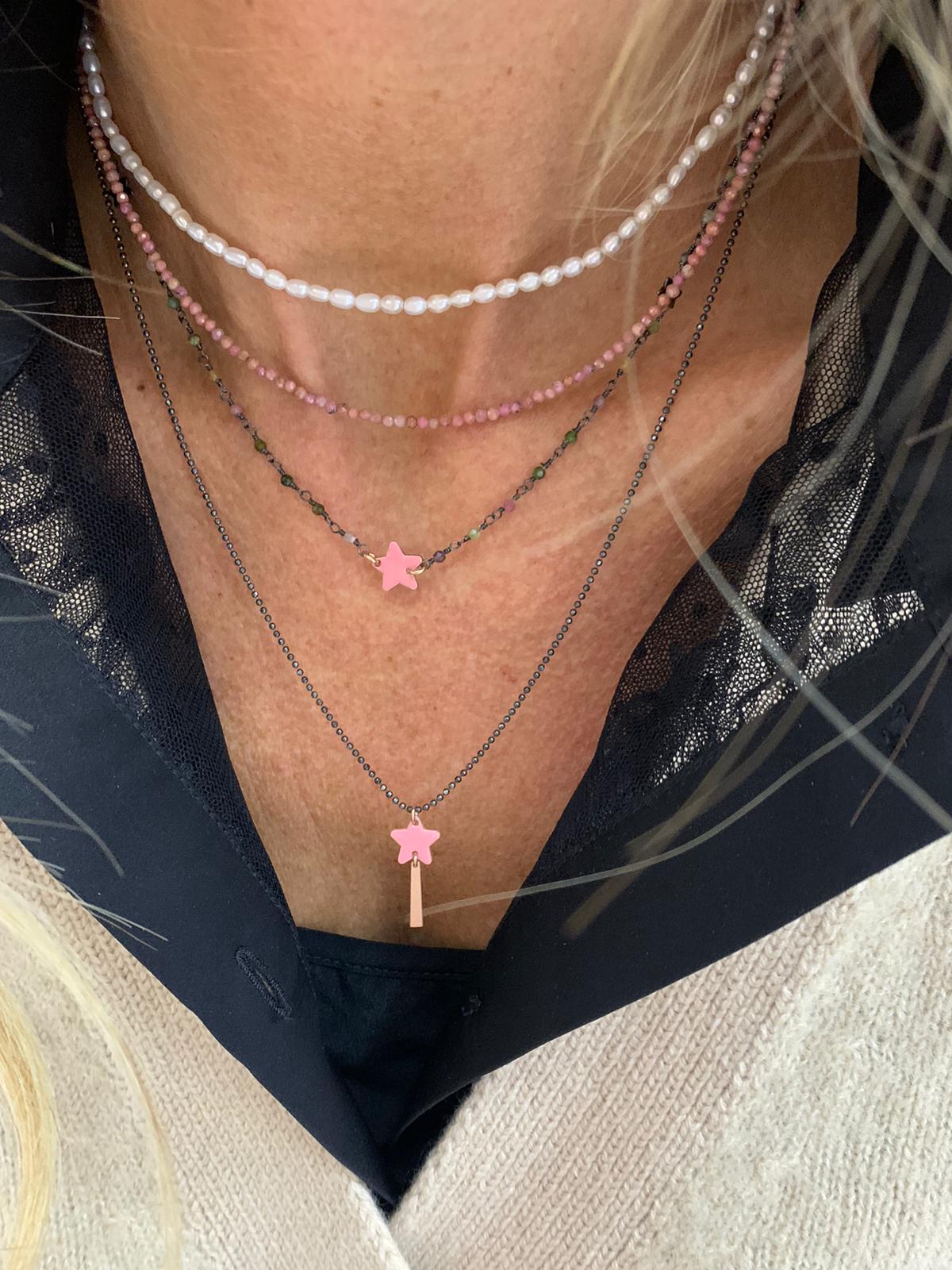 Collana Catena militare diamantata rutenio con bacchetta magica con stella smalto rosa antico - cm 50