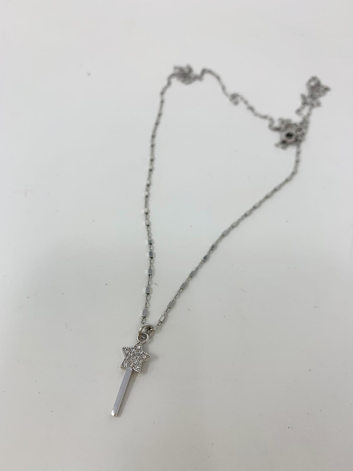 Collana catena dadini diamantata cm50 con bacchetta magica zirconi bianchi argento bianco