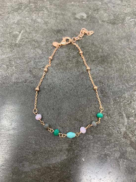Bracciale catena rosario con baretta di cristalli grigio,rosa,verde
