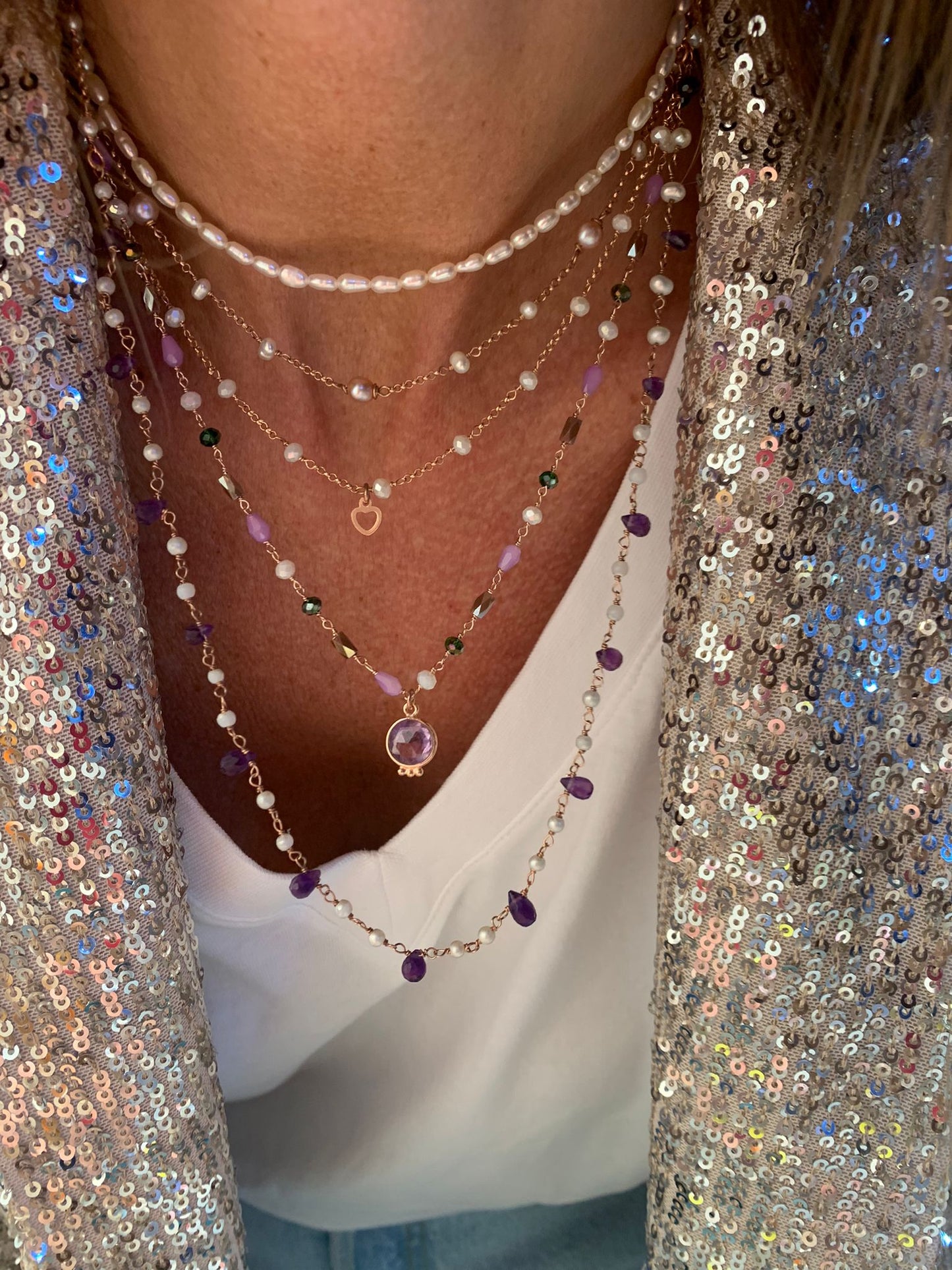 Collana a due fili con cristalli lilla,bianco,verde con pietra di Parigi viola - Lumiere Bijoux