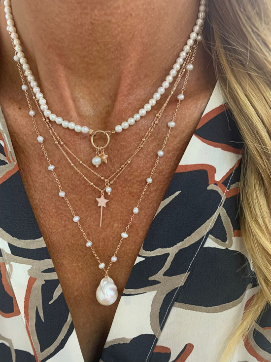 Collana perle con cerchio a filo tondo da 1 cm con piccola perla e stella da 0,8 mm pendenti - cm 36