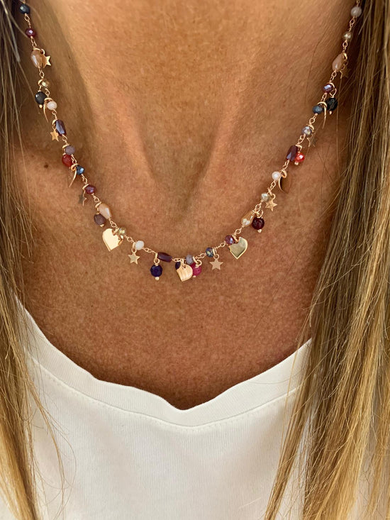 Collana multicristalli con cuori , stelle e crystalli pendenti - cm 40