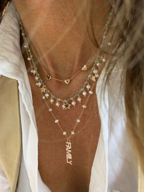 Collana catena cristalli Verde salvia con perle pendenti da 0,4 mm e 3 stelle da 0,8 mm pendenti bagnata in oro rosé - cm 40